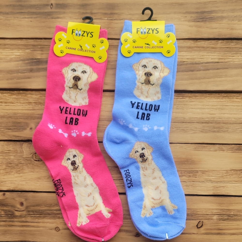 NWT Foozys Yellow Lab Dog Socks - Pink and Blue 2 Pair Set - Unisex
